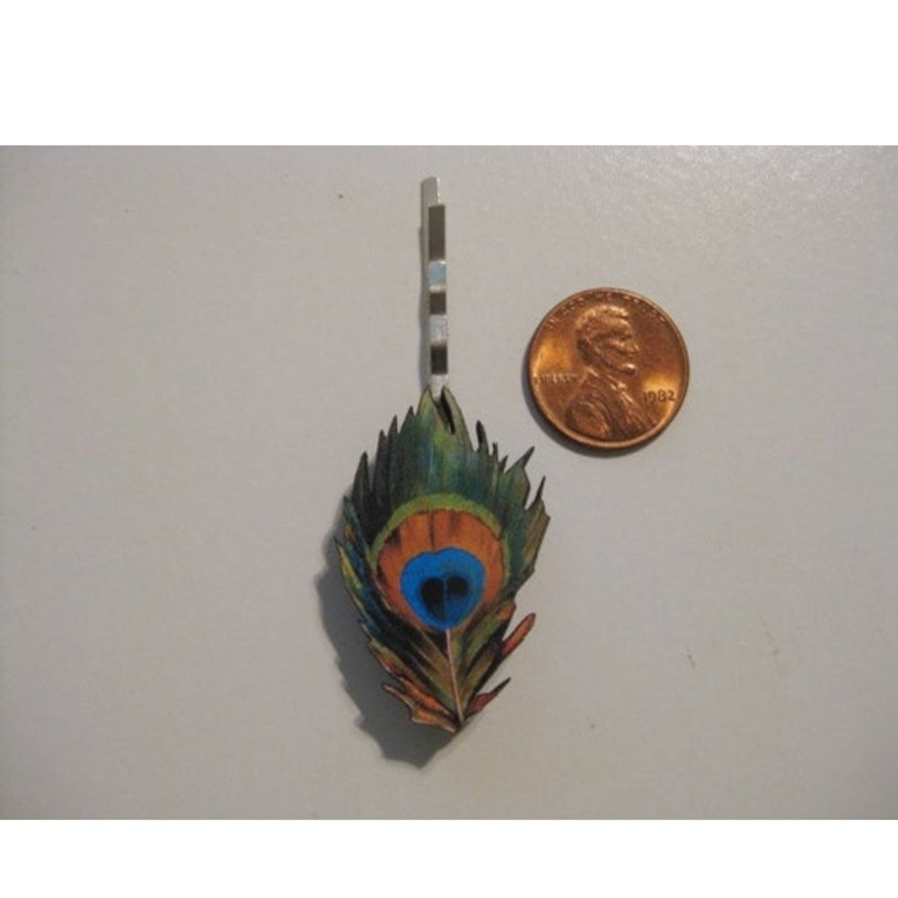 Wooden Peacock Feather Bobby Pin - Picture 3 of 4